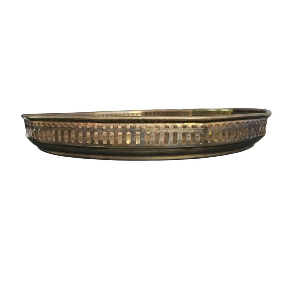 Vintage Brass Serving Tray Pierced Gallery Rim Made in India Round Decorative